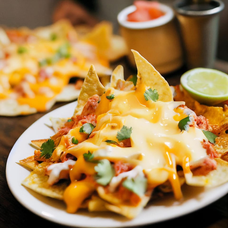 Plates of Casa Grande Cantina & Grill's cheesy nachos with salsa, sour cream, and lime.