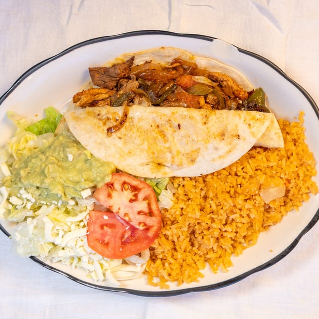 27. One Fajita Quesadilla, Rice & Guacamole Salad.