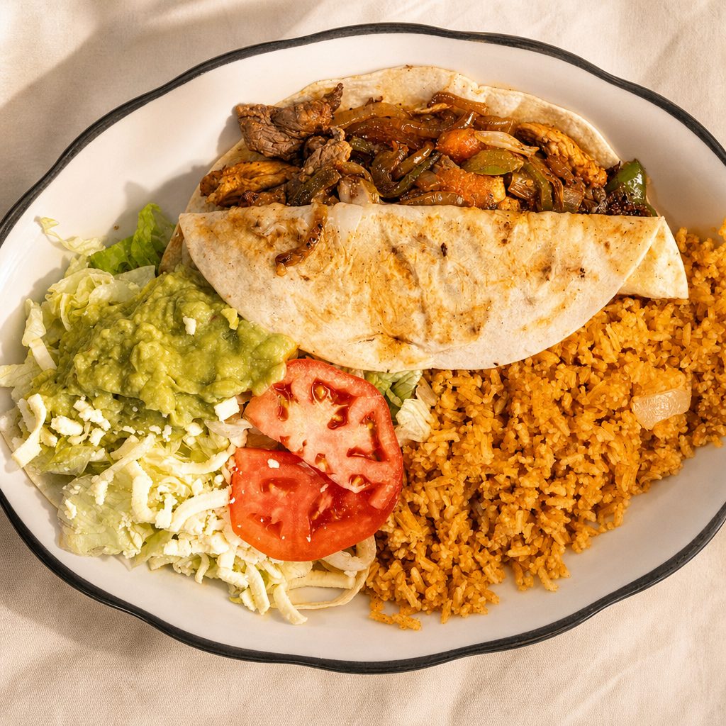 27. One Fajita Quesadilla, Rice & Guacamole Salad.
